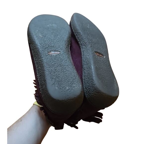 Clarks Purple Leather Faux Fur Lined Fringe Slip On Slippers Womans Size 9M - Picture 7 of 8